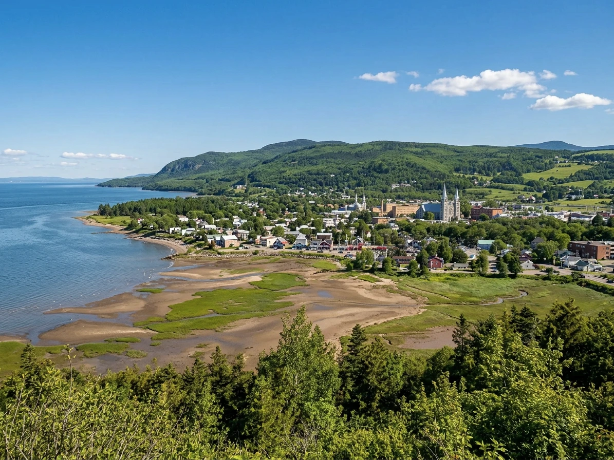 Vue sur le village de Baie-Saint-Paul et la baie, Charlevoix (illustration IA)