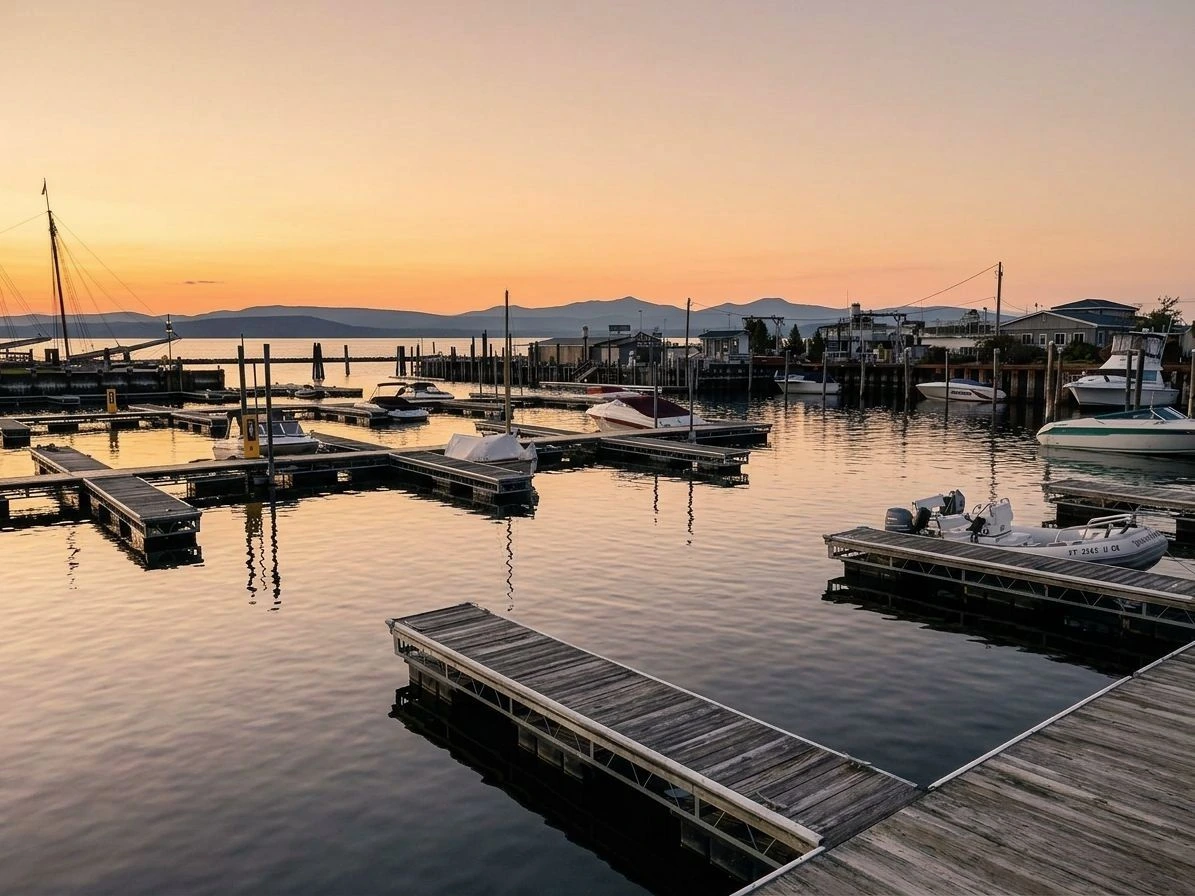 Coucher de soleil sur le lac Champlain a Burlington, Vermont (illustration IA)