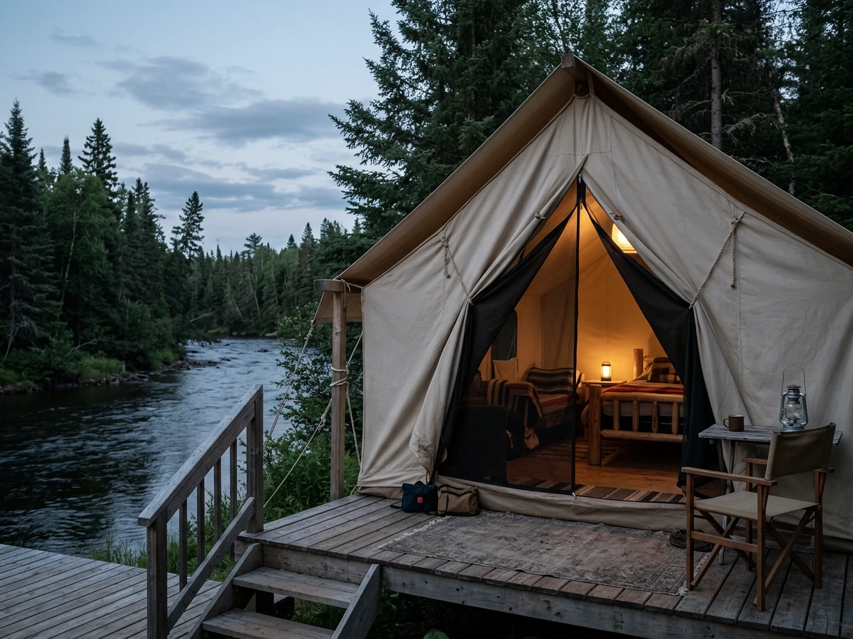 Tente pret-a-camper au bord de la riviere au crepuscule, SEPAQ (illustration IA)