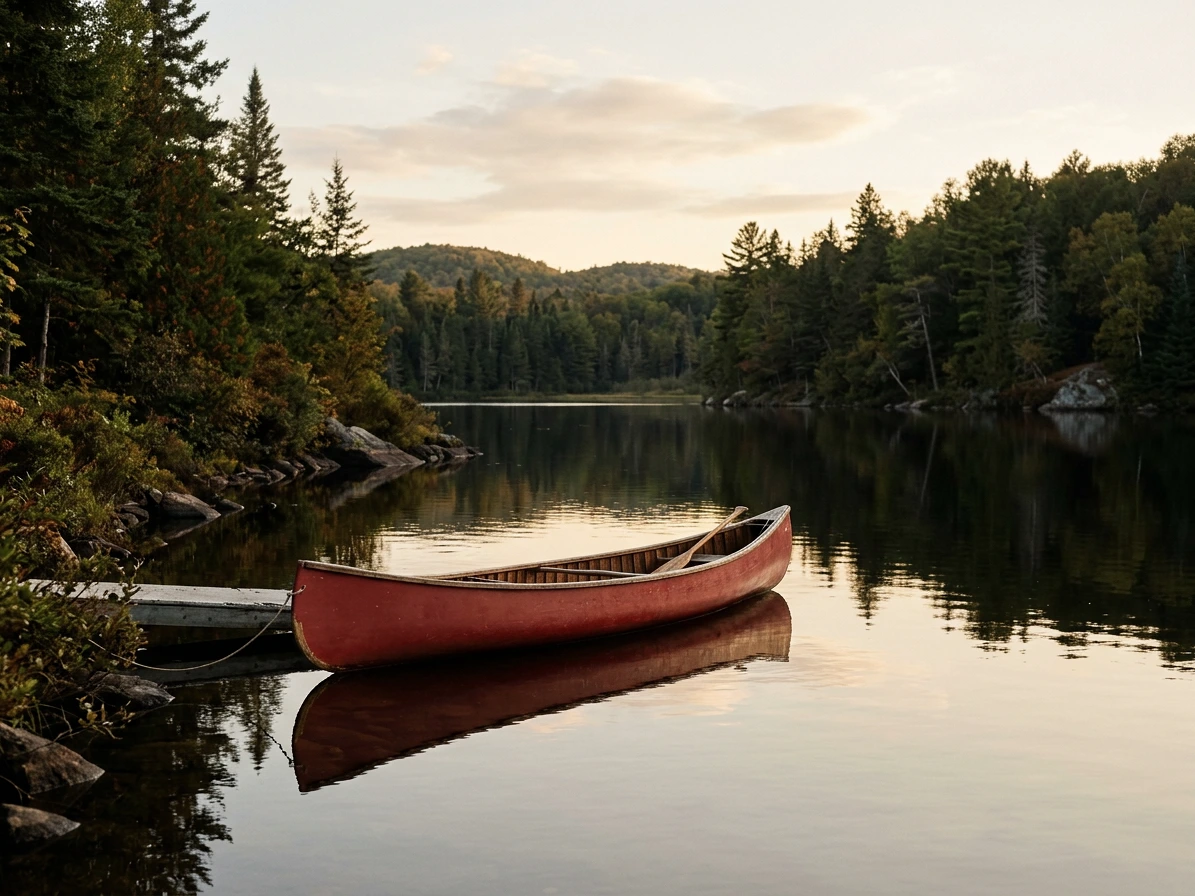 Canot rouge sur un lac calme du parc national de la Mauricie (illustration IA)