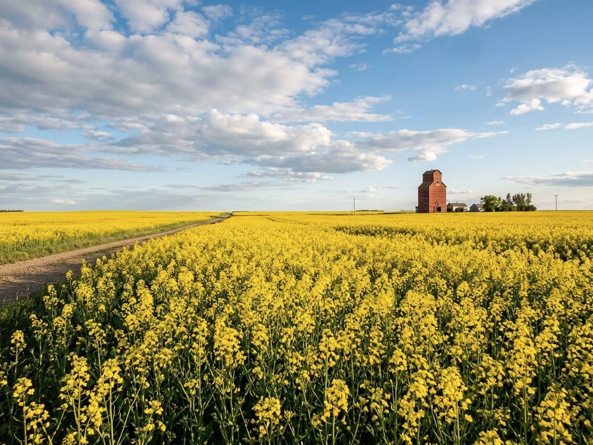 Champ de canola doré sous le grand ciel des Prairies, Saskatchewan