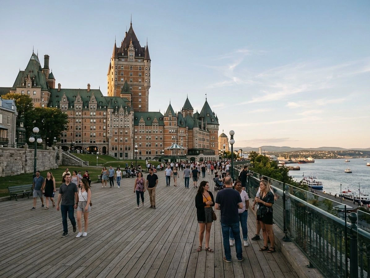 Château Frontenac et terrasse Dufferin sous une lumière dorée, Vieux-Québec