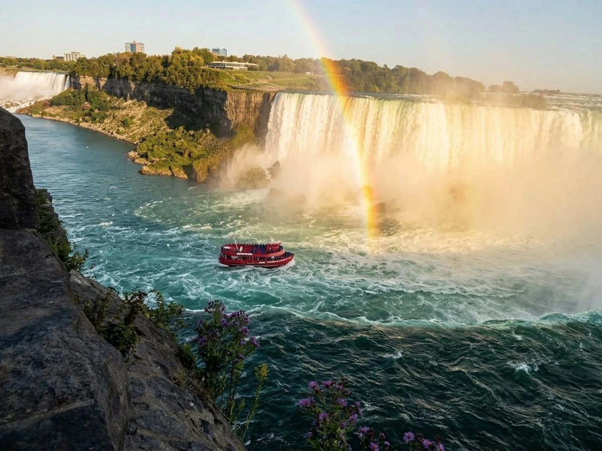 Bateau d'excursion devant le fer à cheval des chutes du Niagara côté canadien