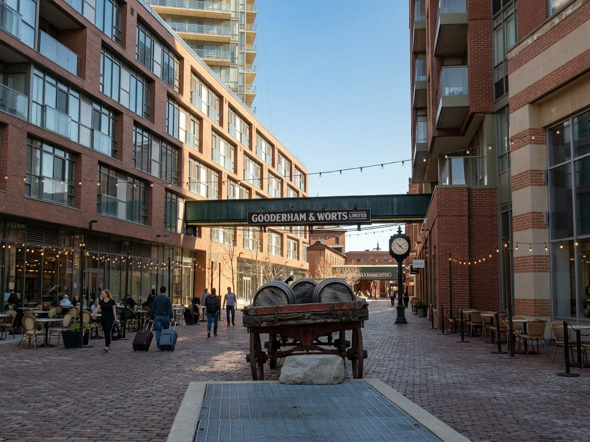 Distillery District de Toronto, batiments de brique et paves (illustration IA)