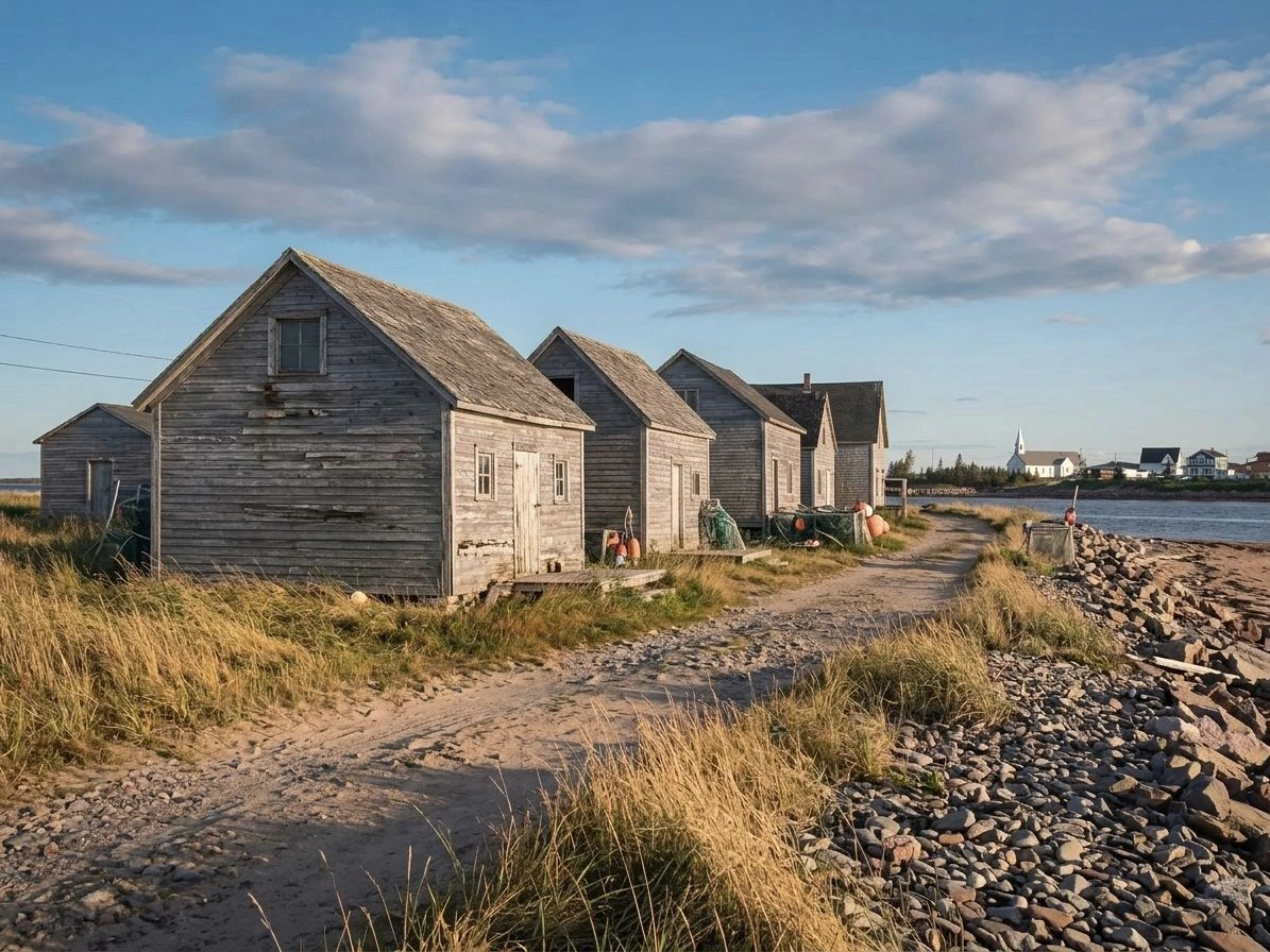 Les Galets de Natashquan, cabanes de pêche en bois au bord de la mer