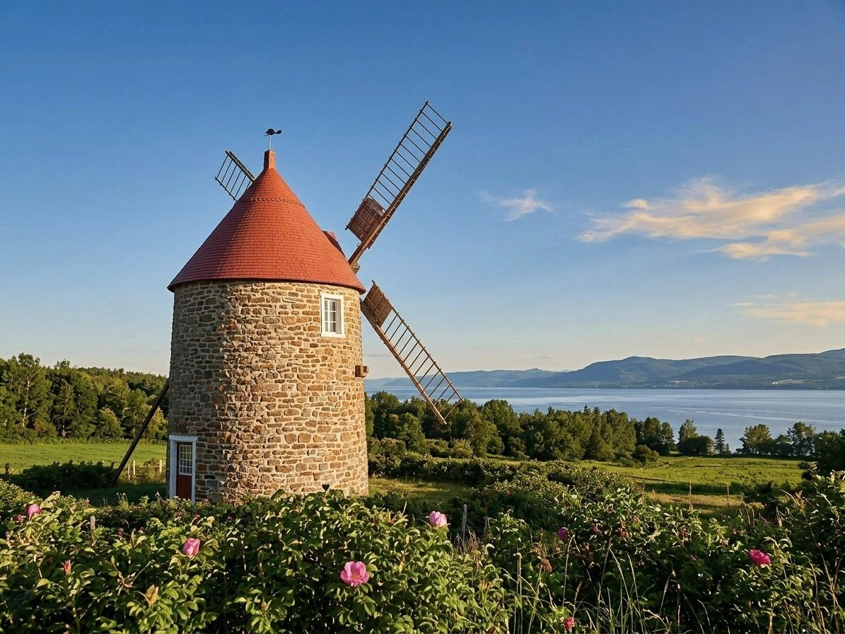 Moulin a vent de l'Isle-aux-Coudres devant le fleuve Saint-Laurent (illustration IA)