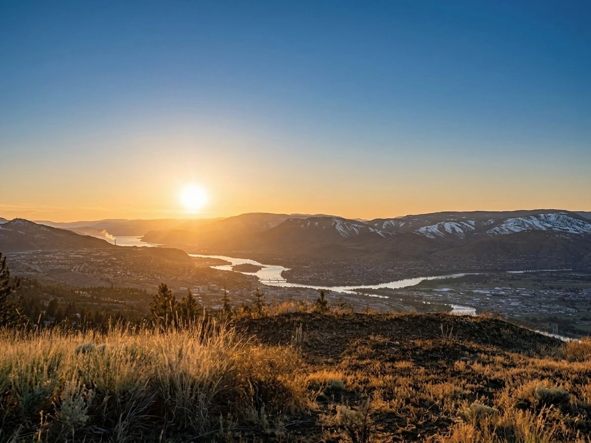 La vallée de la rivière Thompson à Kamloops au coucher du soleil, Colombie-Britannique