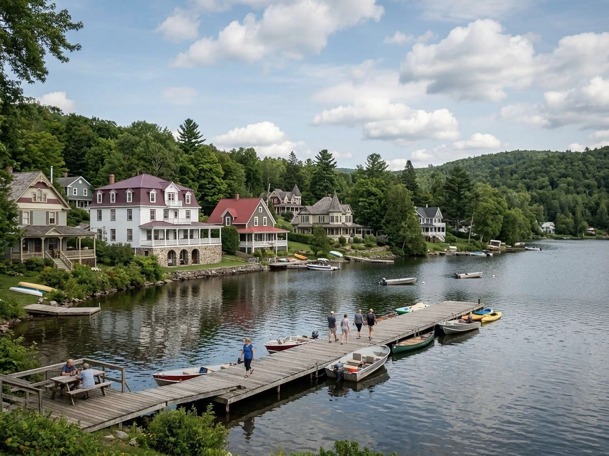 Village au bord du lac Brome a Knowlton, Cantons-de-l'Est (illustration IA)