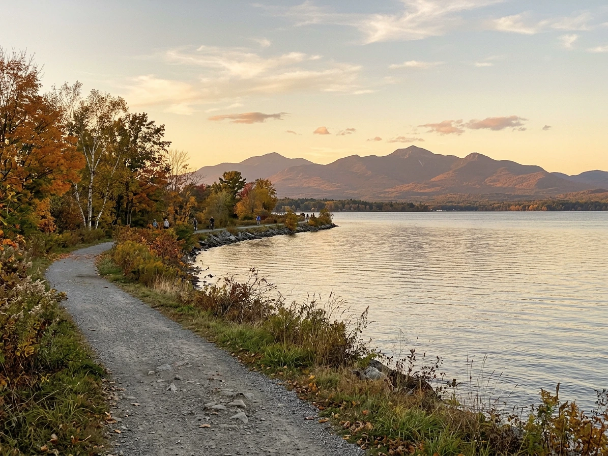Vue sur le lac Champlain vers les Adirondacks au coucher du soleil en automne