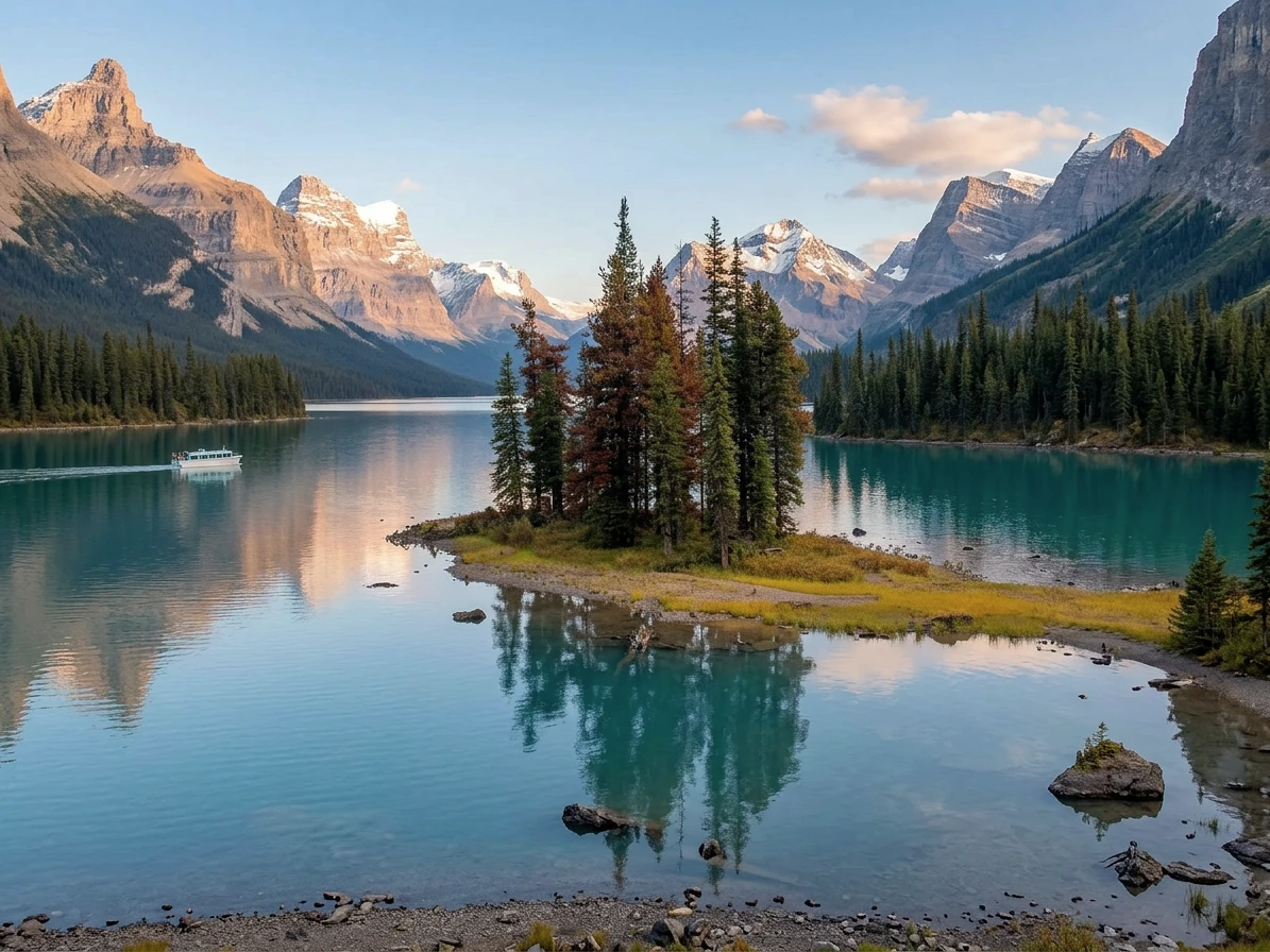 L'île Spirit dans le lac Maligne, parc national de Jasper, Alberta