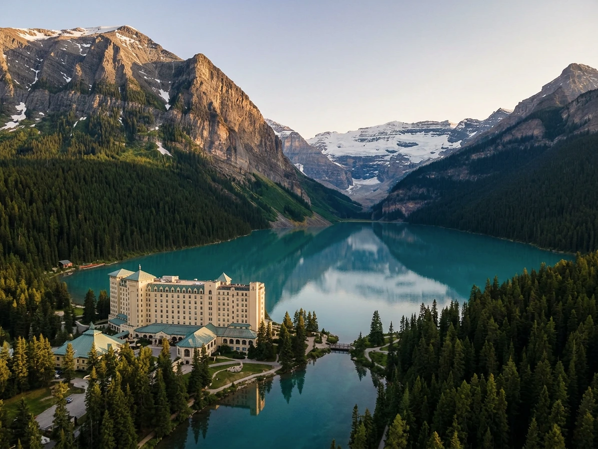 Lac Louise turquoise avec le château Fairmont et le glacier Victoria dans le parc national de Banff