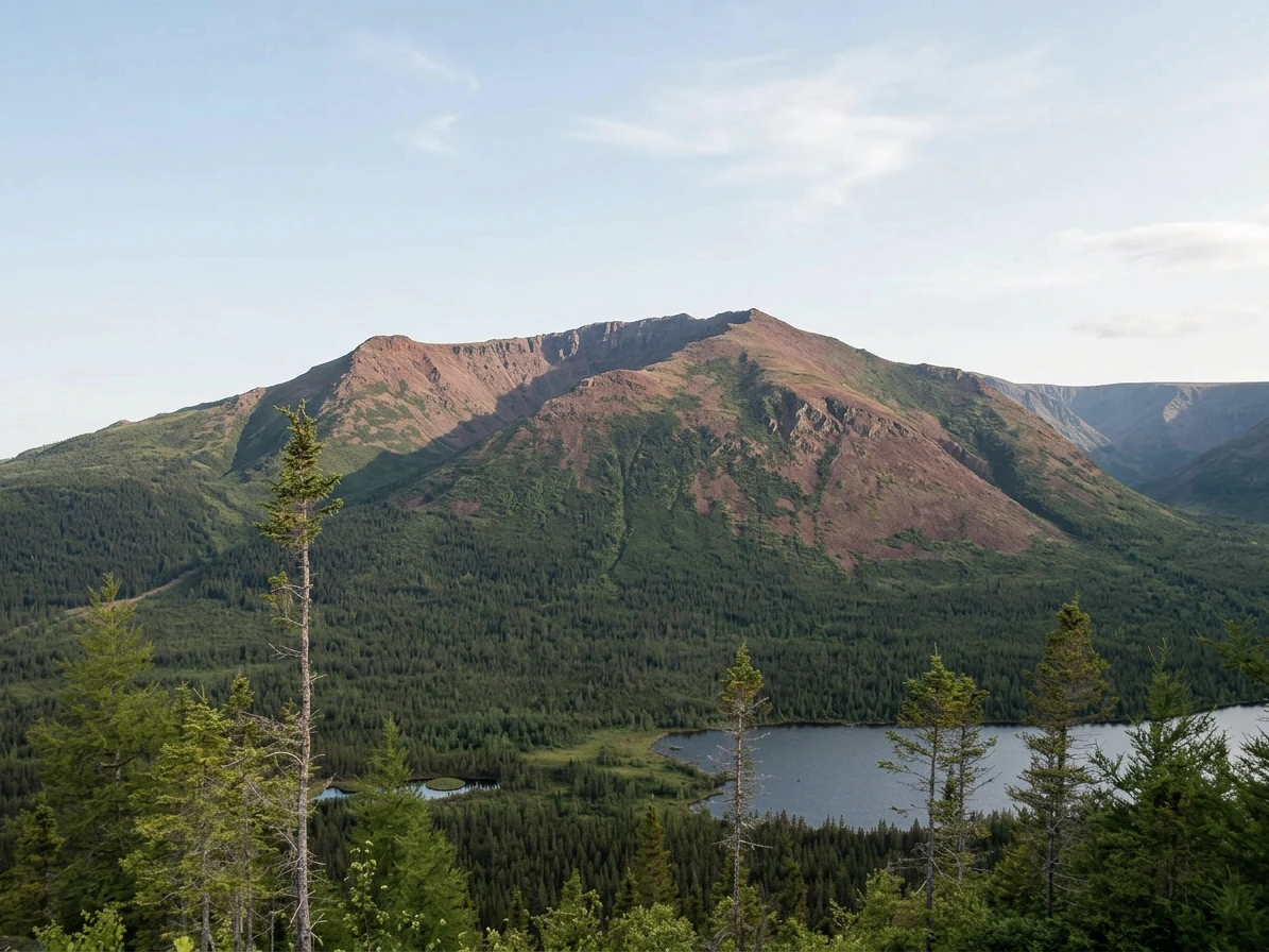 the Chic-Choc Mountains in Parc national de la Gaspésie, Quebec, the broad flat-topped reddish massif of Mont Albert rising above dense boreal spruce forest (illustration IA)