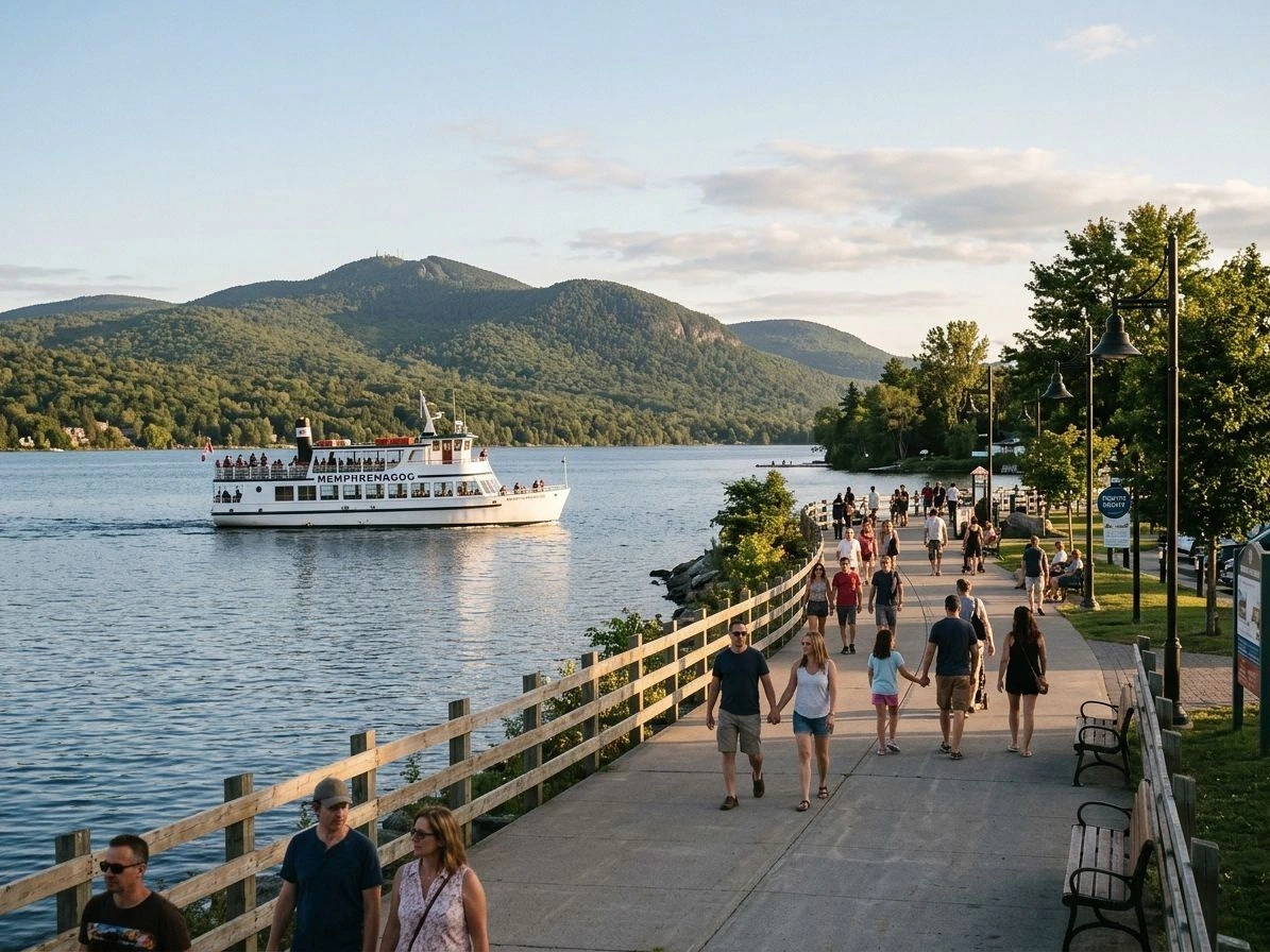 Front de mer de Magog sur le lac Memphremagog en été, Mont-Orford en arrière-plan