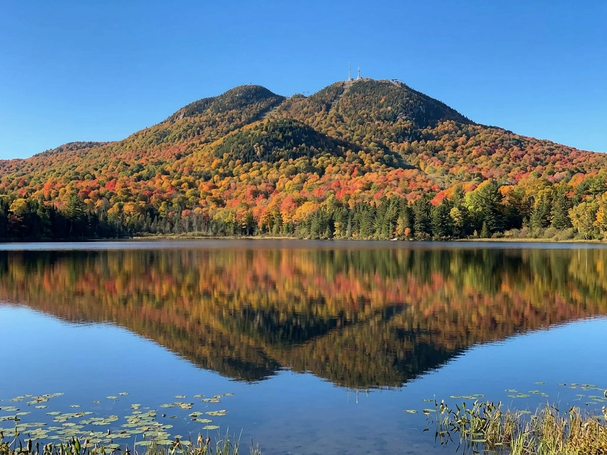Mont-Orford et ses couleurs d'automne refletes dans un lac (illustration IA)