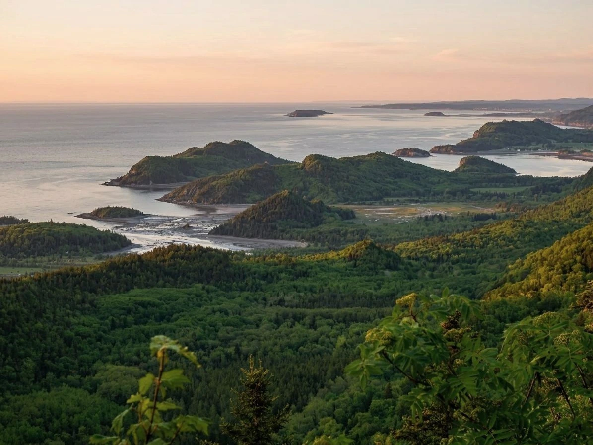 Les caps boisés et îlots rocheux du parc national du Bic au coucher du soleil près de Rimouski, Québec