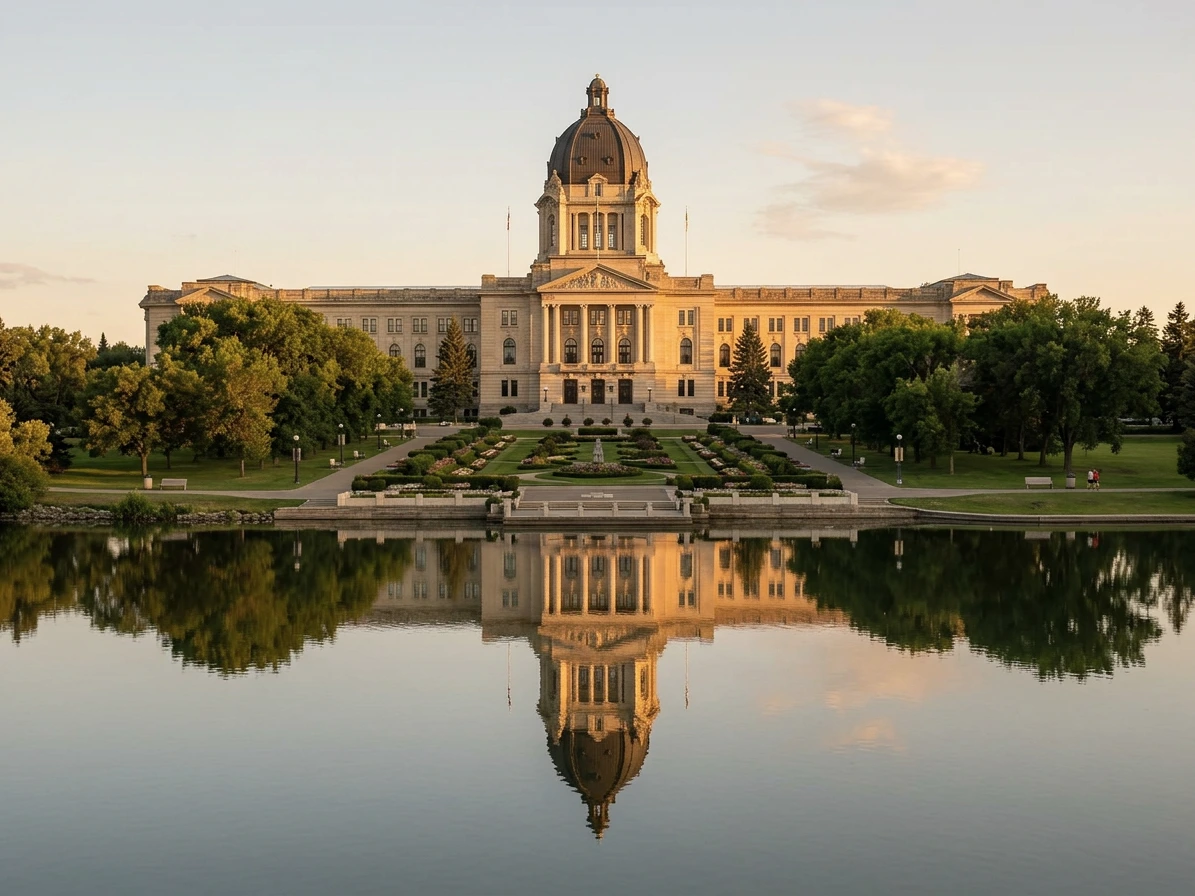 Édifice de l'Assemblée législative de la Saskatchewan reflété dans le lac Wascana à Regina au coucher du soleil