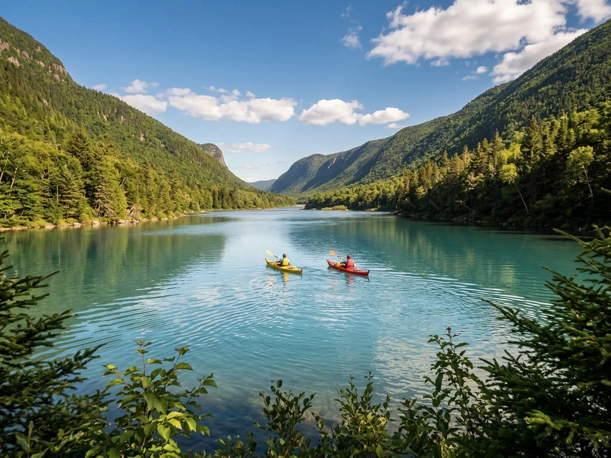 Kayak sur la riviere Jacques-Cartier entre les montagnes (illustration IA)