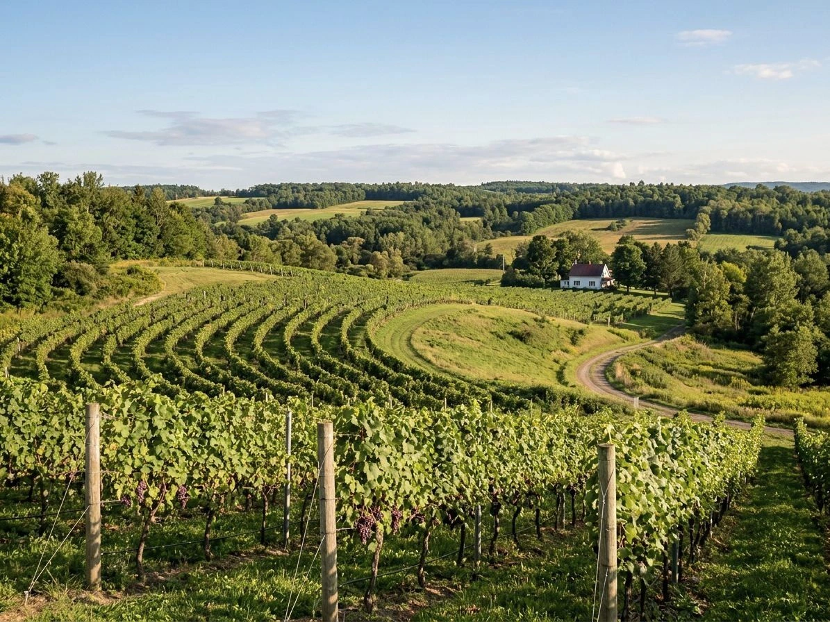 Rangées de vignes d'un vignoble de la Route des Vins près de Dunham, Cantons-de-l'Est