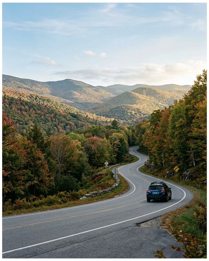 Route sinueuse à travers les montagnes Vertes du Vermont en automne
