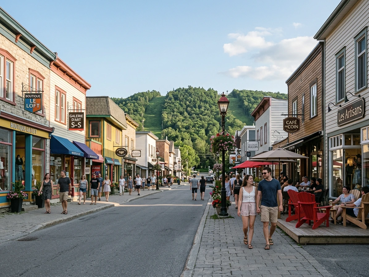 Rue Principale animée de Saint-Sauveur en été, boutiques et terrasses, Laurentides
