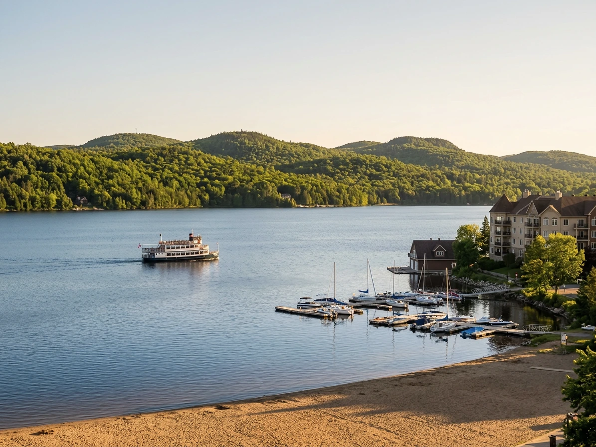 Lac des Sables à Sainte-Agathe-des-Monts en été, plage et croisière, Laurentides