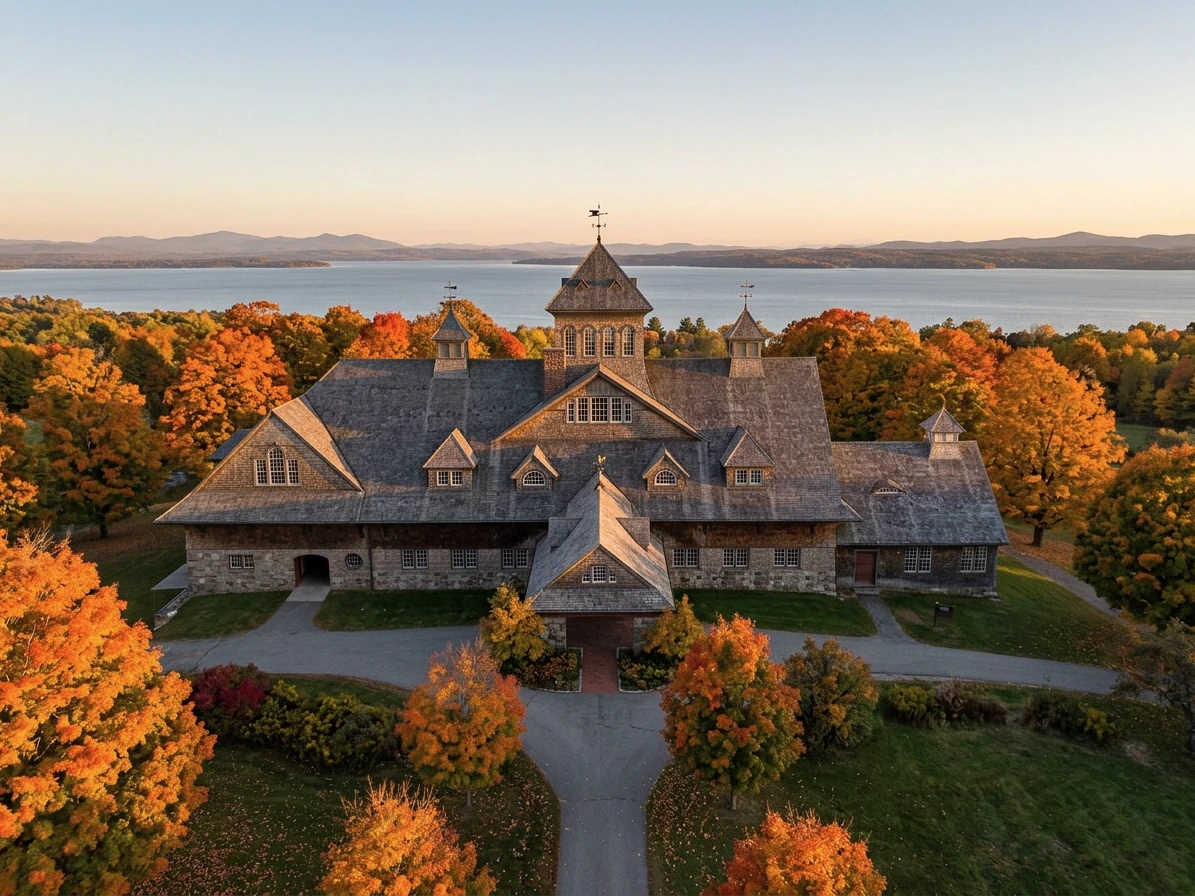 La grande grange de Shelburne Farms au Vermont entourée d'érables aux couleurs d'automne