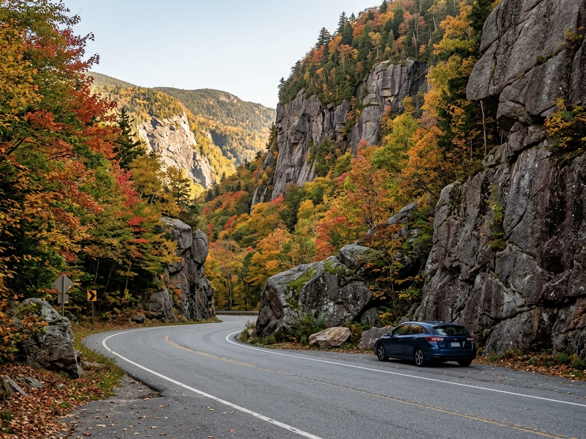 Route 108 serpentant dans le col de Smugglers Notch entre falaises et érables flamboyants en automne