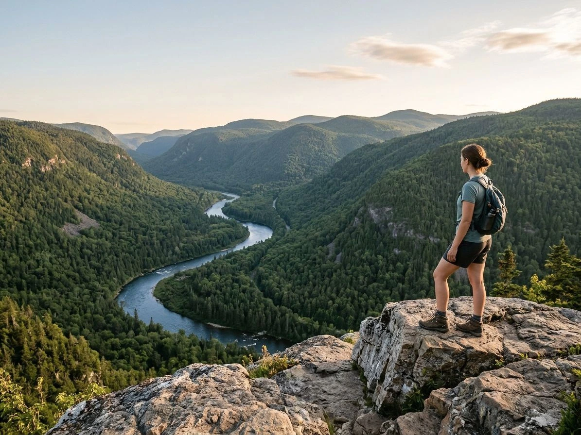 Randonneur au sommet du sentier les Loups, panorama sur la vallée glaciaire de la Jacques-Cartier