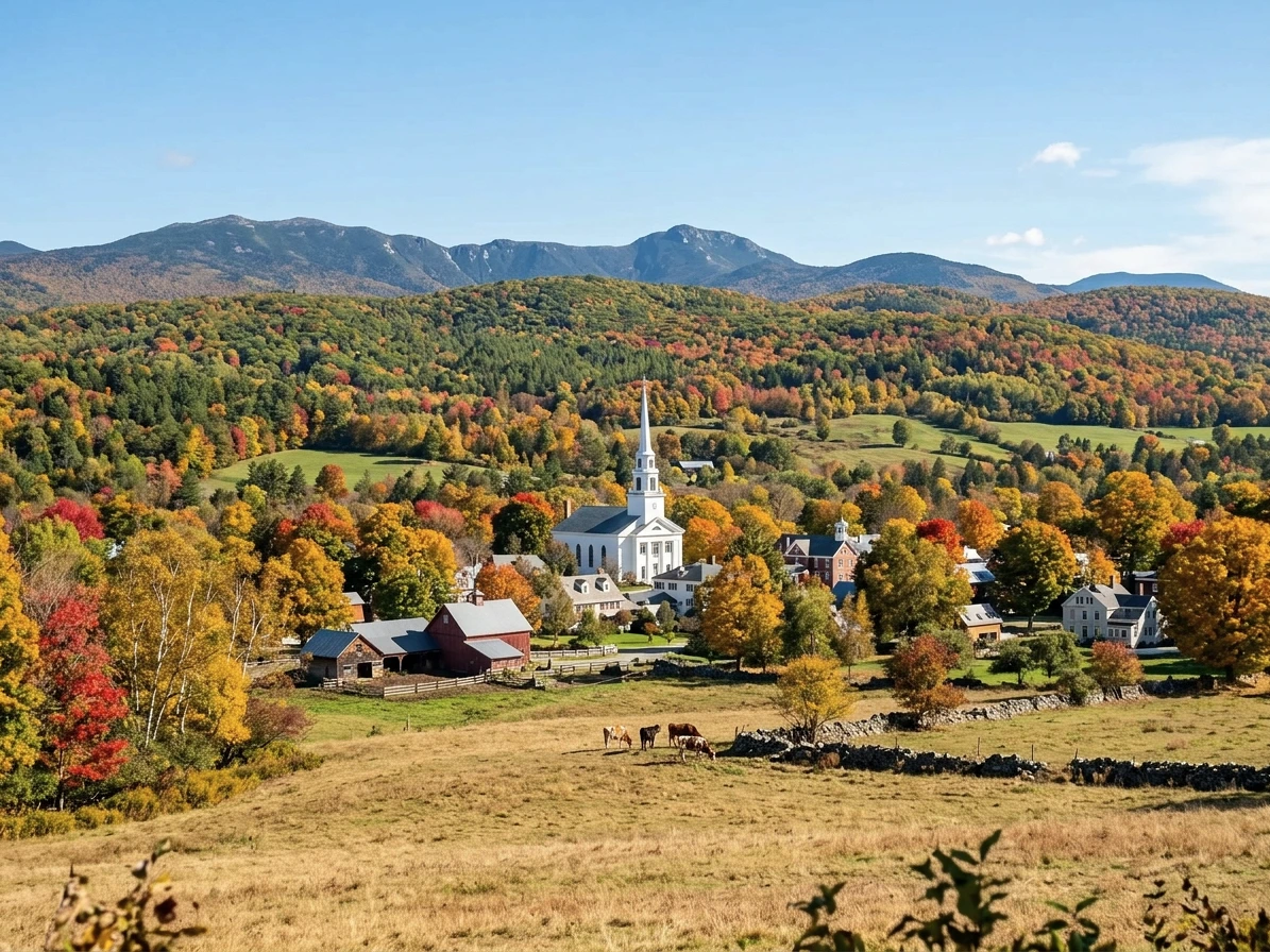 Eglise de Stowe et mont Mansfield aux couleurs d'automne, Vermont (illustration IA)