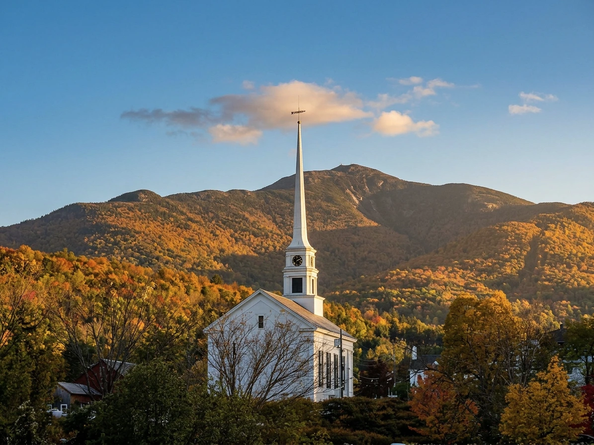 Église de Stowe et mont Mansfield en automne, Vermont