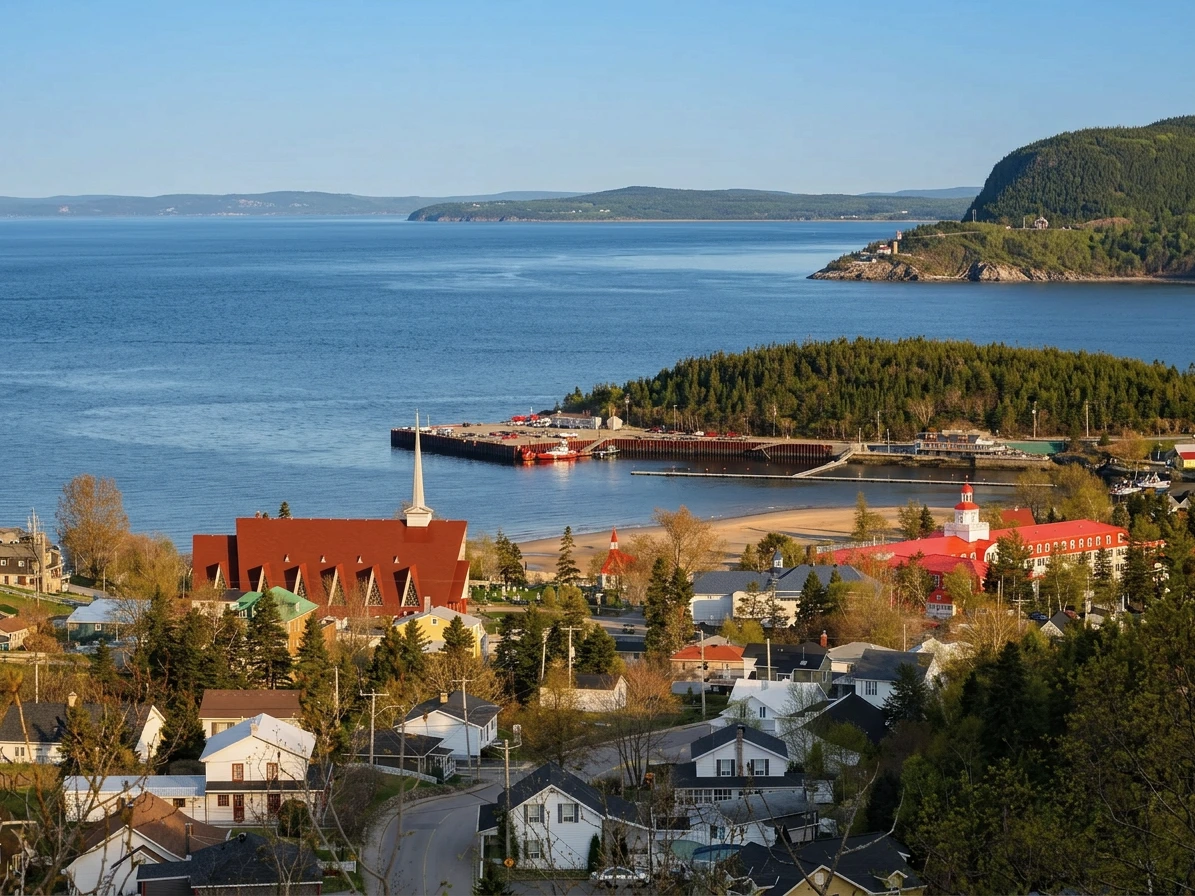 Village de Tadoussac et sa baie au bord du Saint-Laurent (illustration IA)