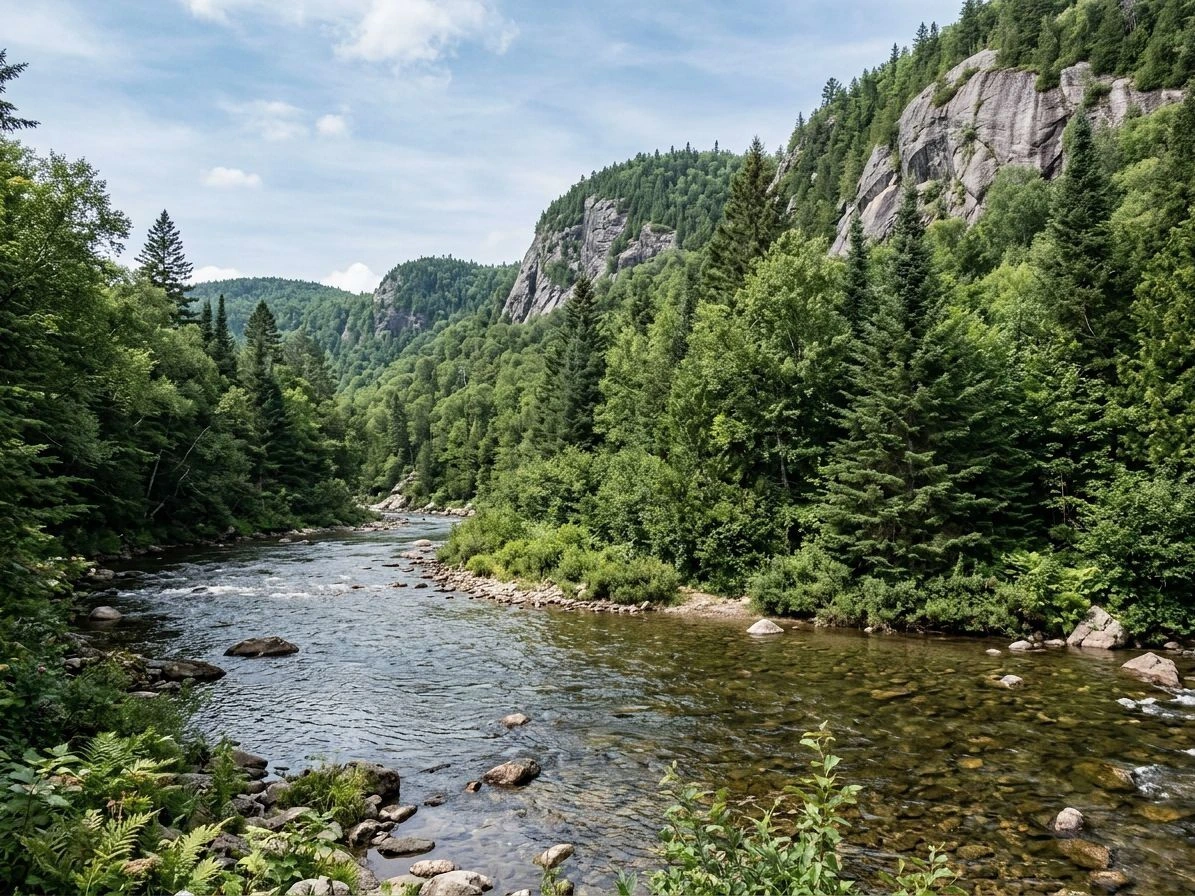 Riviere et falaises en foret pres de Val-David, Laurentides (illustration IA)