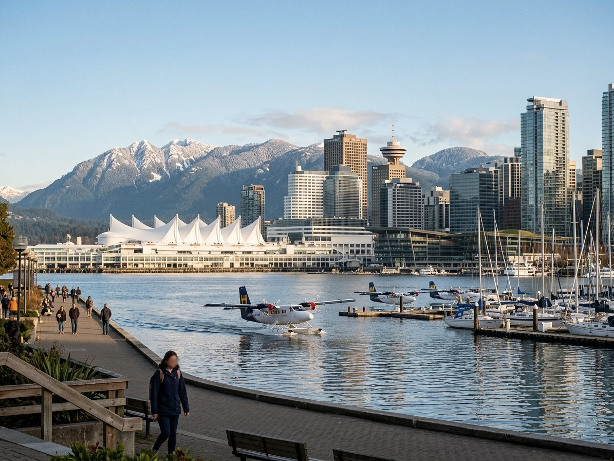 Le centre-ville de Vancouver et Coal Harbour avec les montagnes de la rive nord