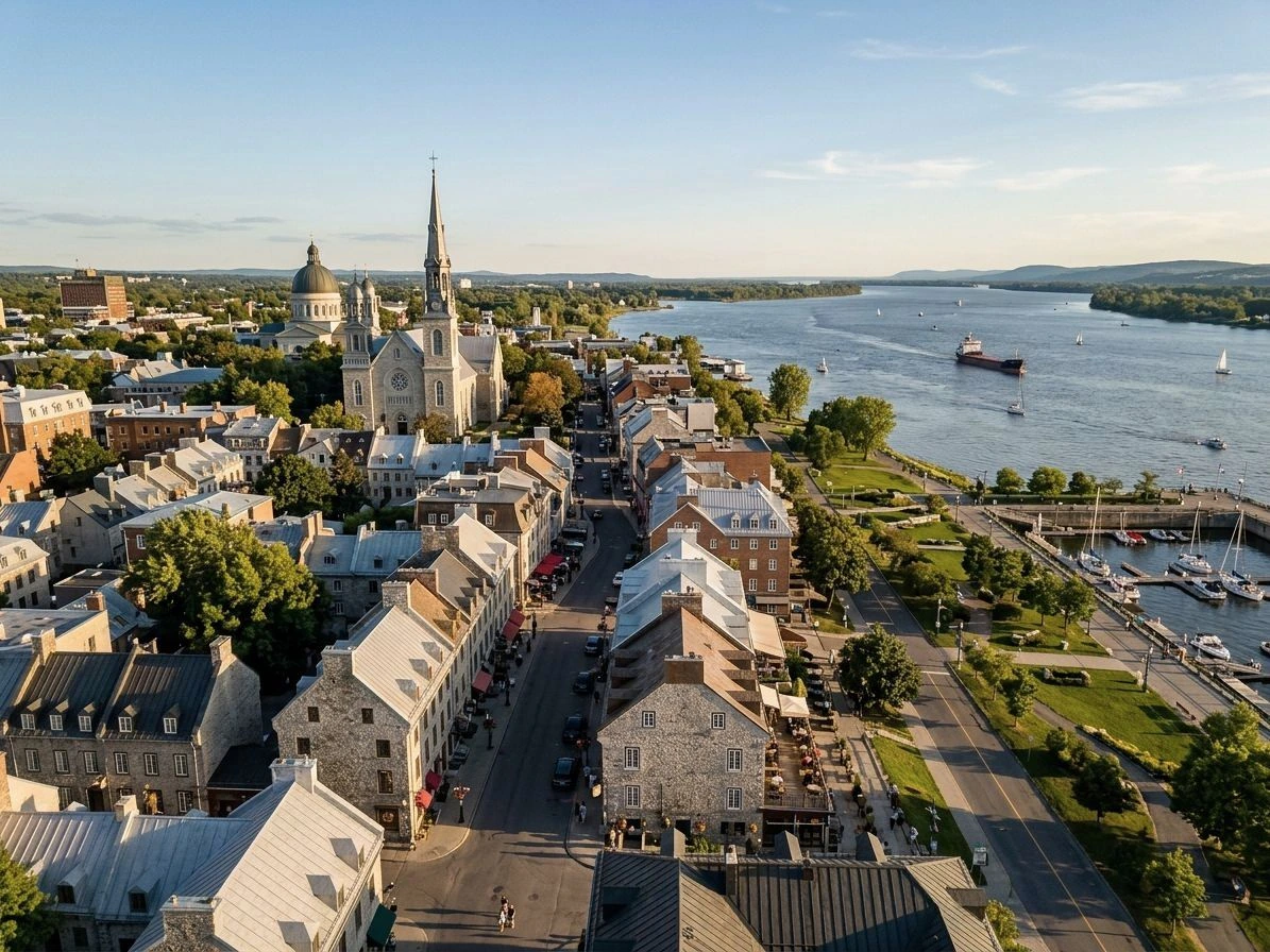 Vue aérienne du Vieux-Trois-Rivières en été avec clochers et fleuve Saint-Laurent