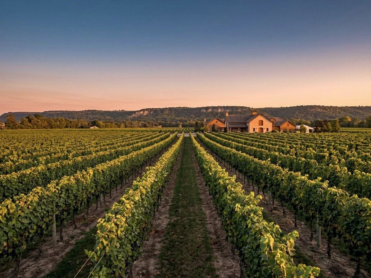 Rangs de vigne et domaine viticole à Niagara-on-the-Lake en fin d'après-midi