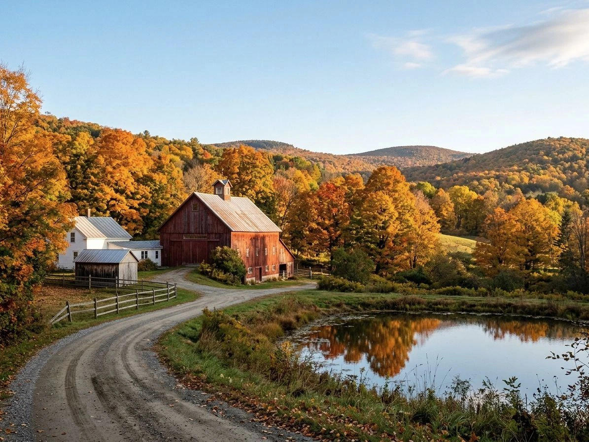 Sleepy Hollow Farm près de Woodstock au Vermont, grange rouge et étang sous un feuillage d'automne flamboyant